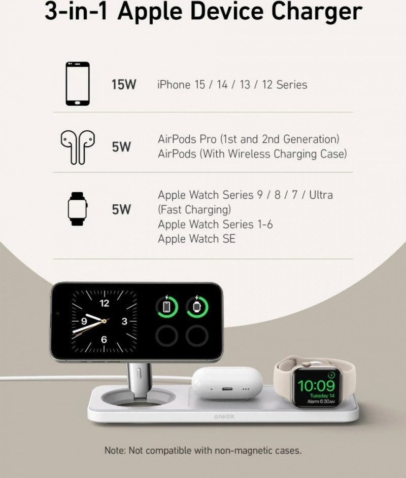 Karikues wireless Anker MagGo 3 në 1, MagSafe, karikim i shpejtë, i bardhë