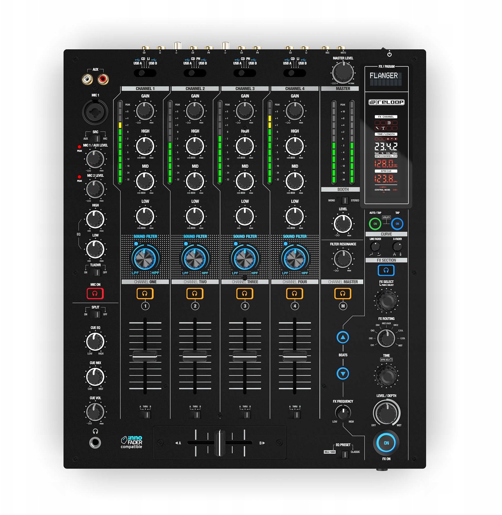 Mixer DJ Reloop RMX-95, 4+1 kanale, ndërfaqe audio 24-bit, i zi