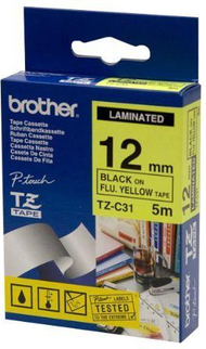 Shirit i laminuar për etiketim Brother TZe‑C31, 12mm x 5m, i zi në të verdhë