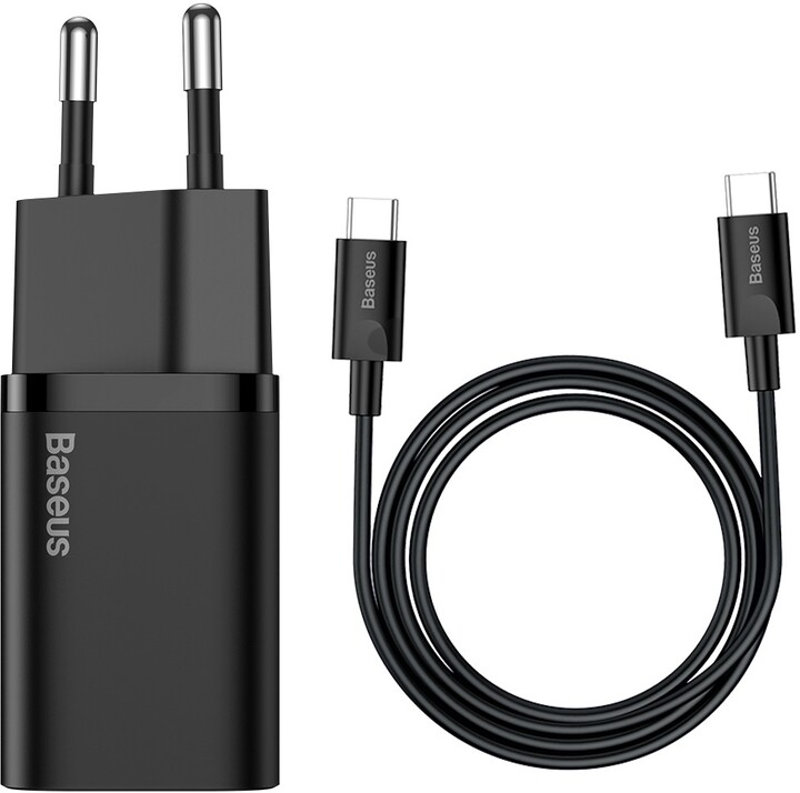 Karikues Baseus Super Si Quick 1C, USB-C, 25W, i zi + kabllo USB-C - USB-C, 3A, 1M, e zezë