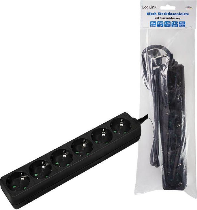 Prizë zgjatëse LogiLink LPS238B, 6 dalje, kabllo 1.5 m, e zezë