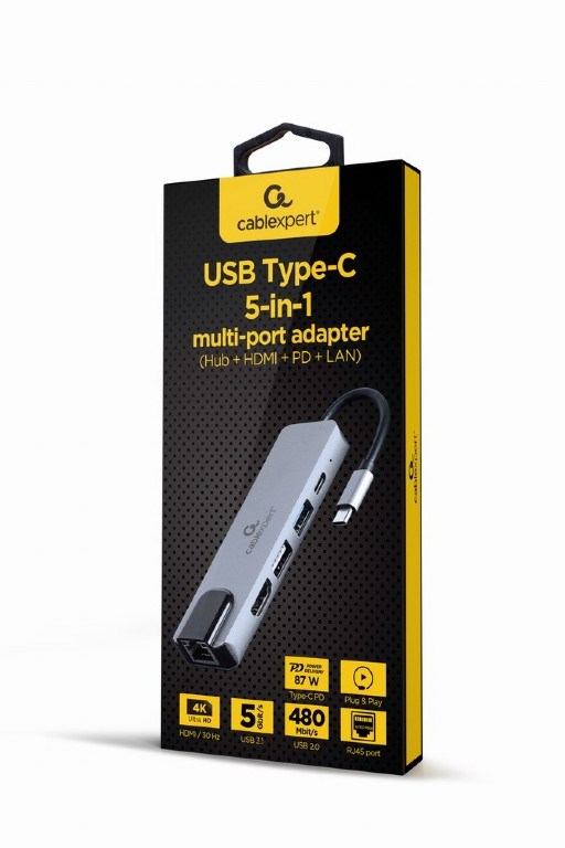 Përshtatës Gembird USB-C Multiport 5-in-1, i argjendtë