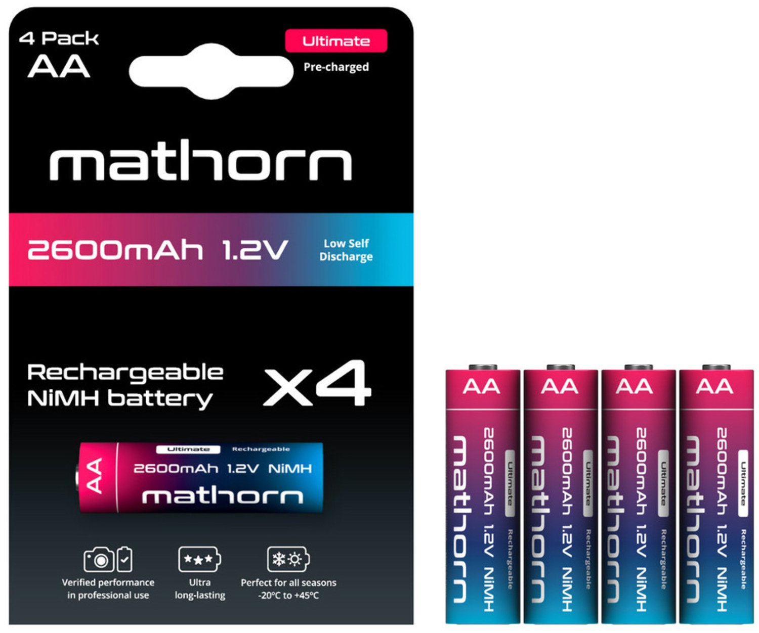 Paketë baterish të rikarikueshme Mathorn Ultimate NiMH, 4xAA, 2600mAh