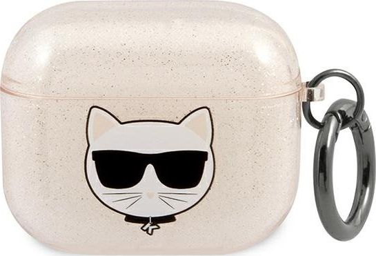 Këllëf mbrojtës Karl Lagerfeld Glitter Choupette KLA3UCHGD për AirPods 3, TPU, bezhë