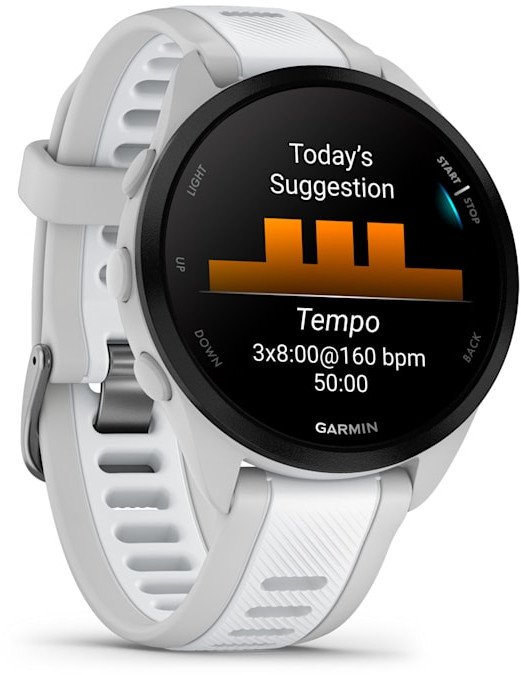 Спортски часовник Гармин Фореранер 165 Мјузик, 43mm АМОЛЕД, ГПС, сиво и бело