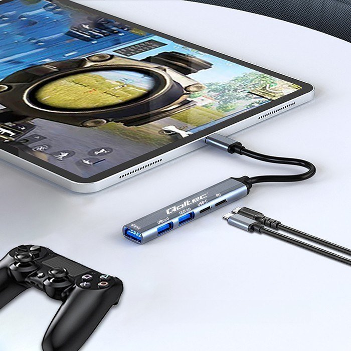USB HUB Qoltec 5in1, USB C 3.1, PD, сива