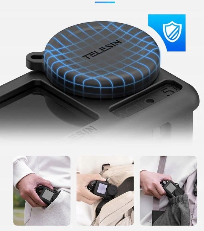 Сет аксесоари Telesin 2.0 за DJI Osmo Action 3, кутија од силикон, капак за леќа од силикон, со носечки ремен, сива