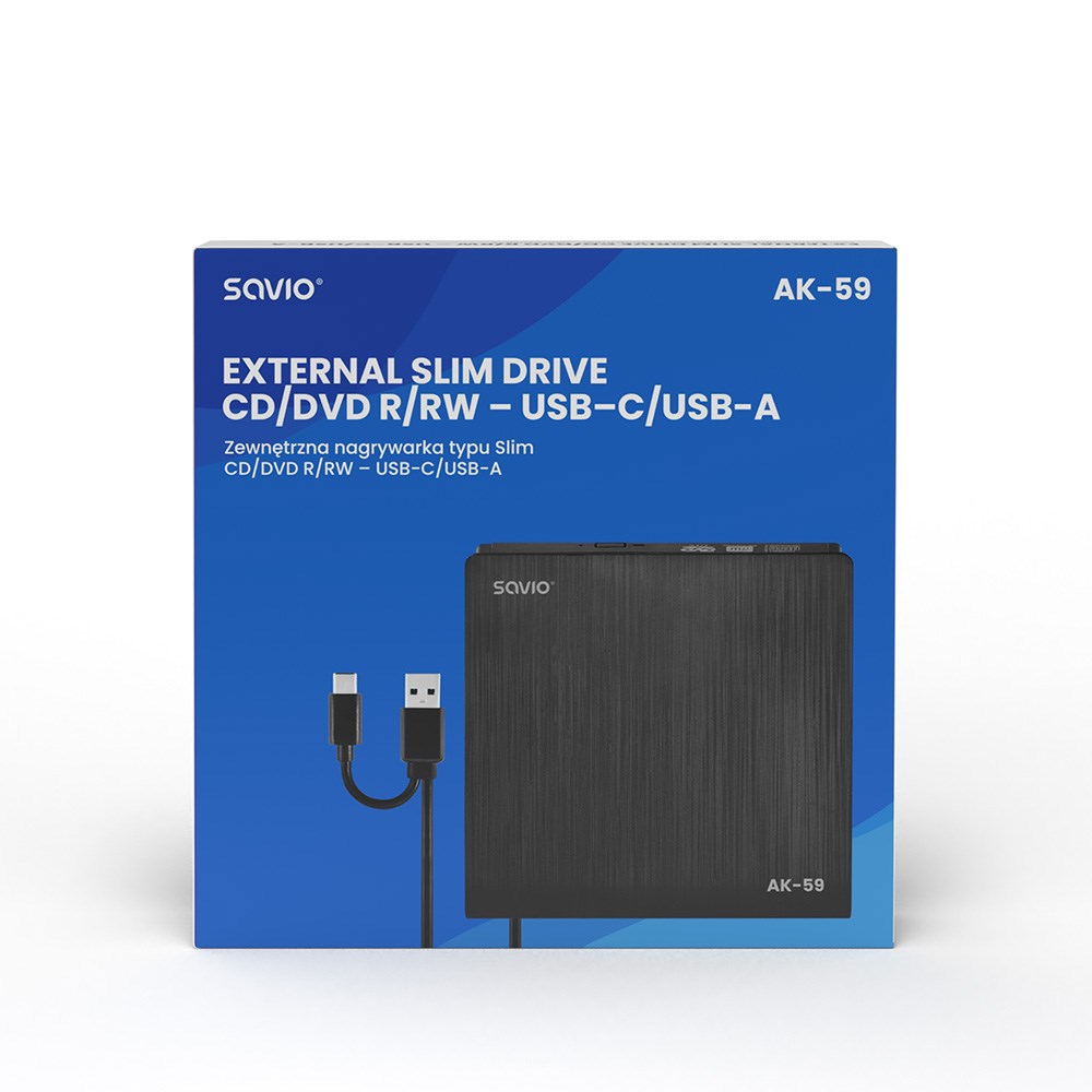 Disk optik i jashtëm SAVIO AK-59, CD/DVD R/RW, USB-C/USB-A