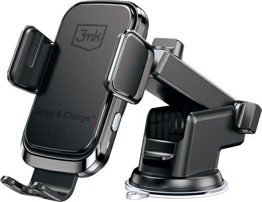 Mbajtës telefoni për veturë 3MK Drive &amp; Charge, karikim wireless 15W, montim në grilë dhe xham, i zi