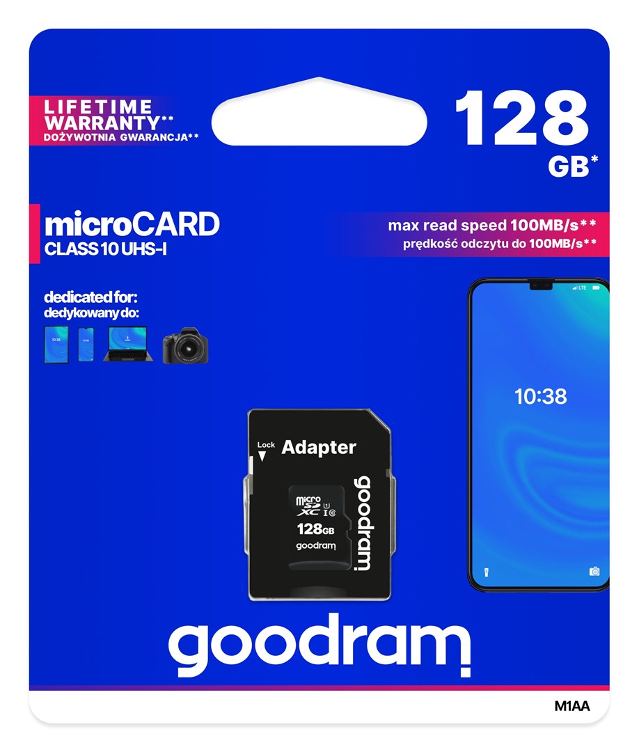Kartë e memories GOODRAM M1AA-1280R12, MicroSDXC, 128 GB, Class 10 + përshtatës SD