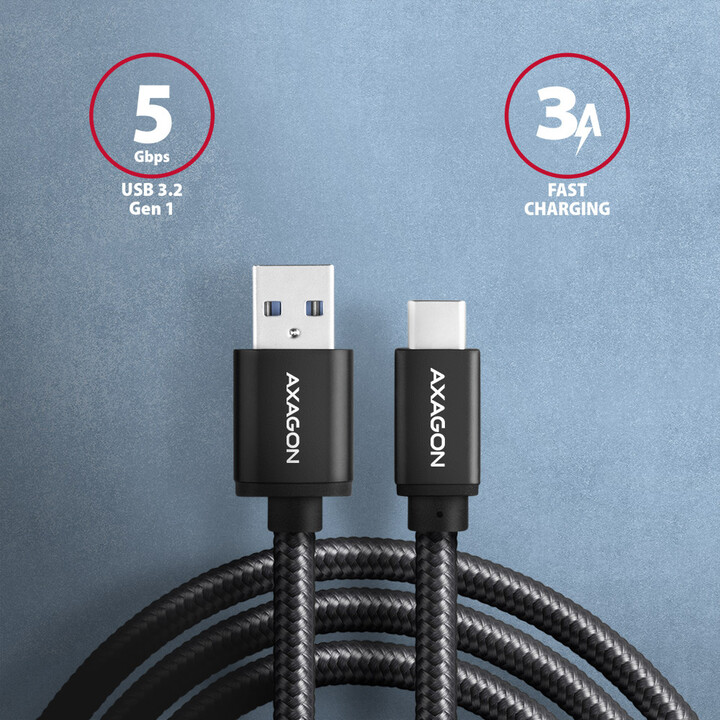 AXAGON кабел USB-A - USB-C SPEED USB3.2 Gen 1, 3A, плетенка, 1m, црна