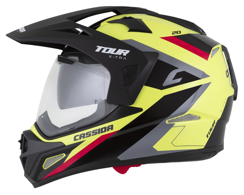 Kaskë moto CASSIDA Tour 2.0 X-tra, Pinlock ready, diellore e brendshme, e verdhë fluo e zezë e kuqe