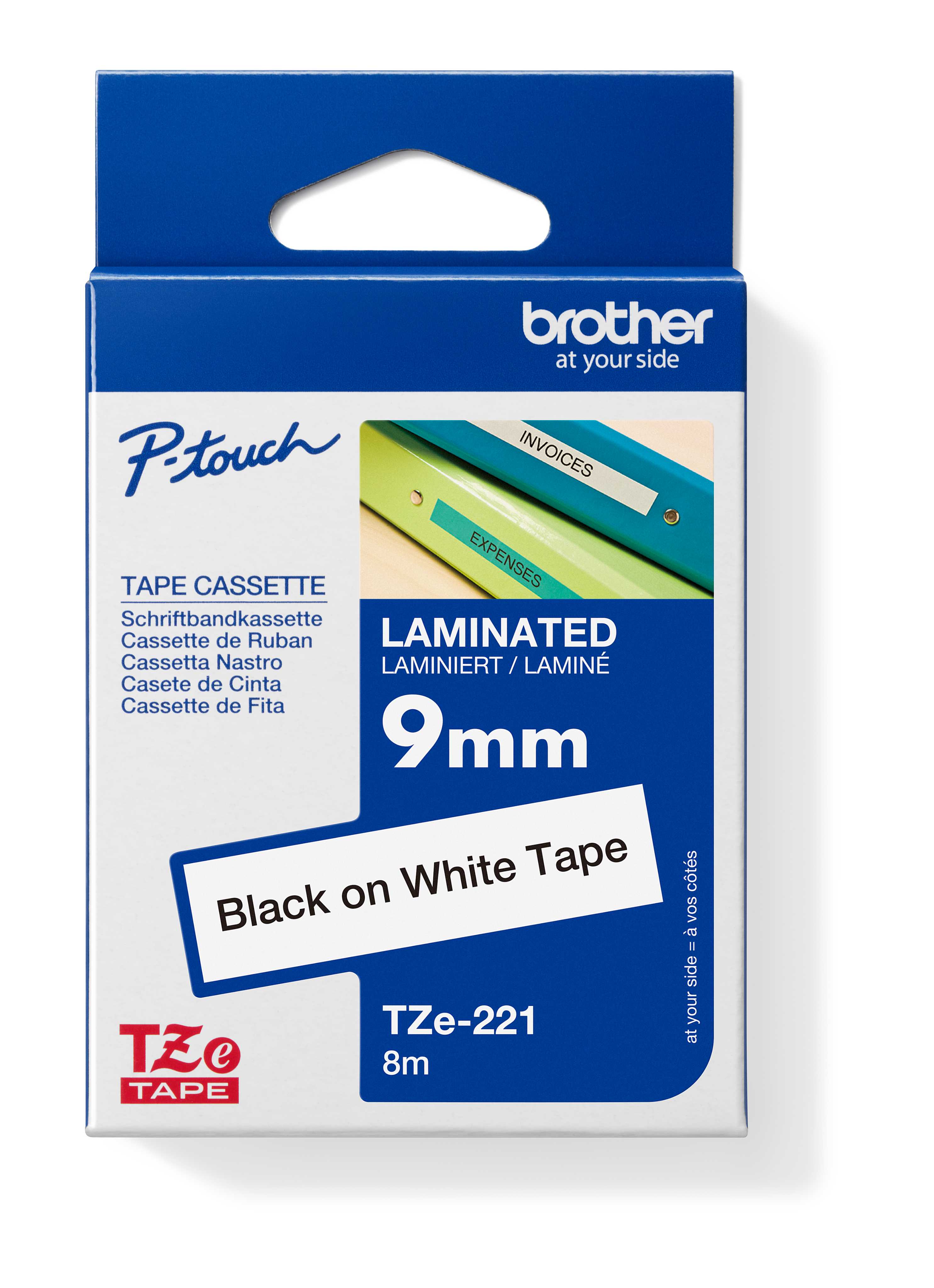 Etiketa ngjitëse Brother TZE-221, 9mm, të bardha / zeza