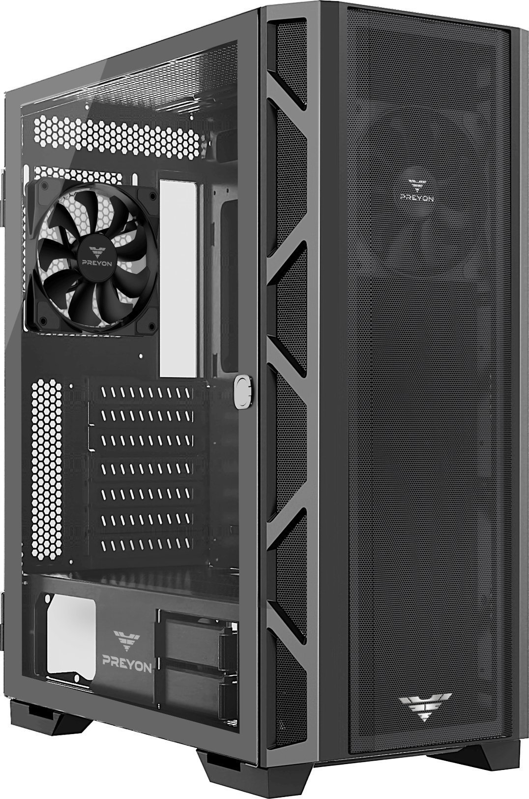 Кутиште за компјутер PREYON Nest Meshy PRENM02B, Midi Tower, страничен панел со прозорец, црно