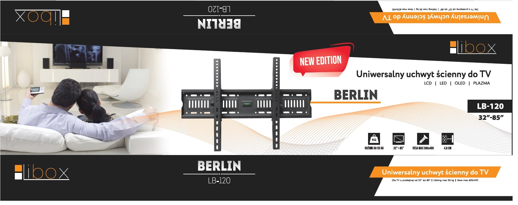 Mbajtëse TV Libox LB-120, 32-85", 55kg, VESA 600x400, e zezë