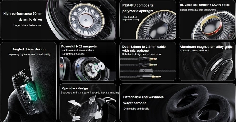 Слушалки над уво FiiO JT3, отворен дизајн, драјвер 50mm, кабел 3.5mm со микрофон, црни