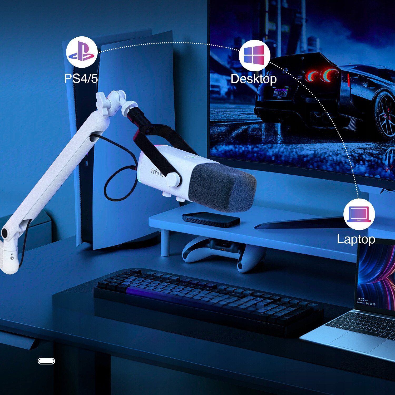 Mikrofon dinamik Fifine TAM8W, XLR USB, me boom arm, i zi