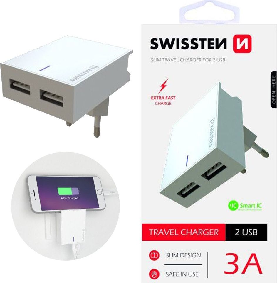 Karikues Swissten SLIM Travel, 2x USB-A, 3A, i bardhë