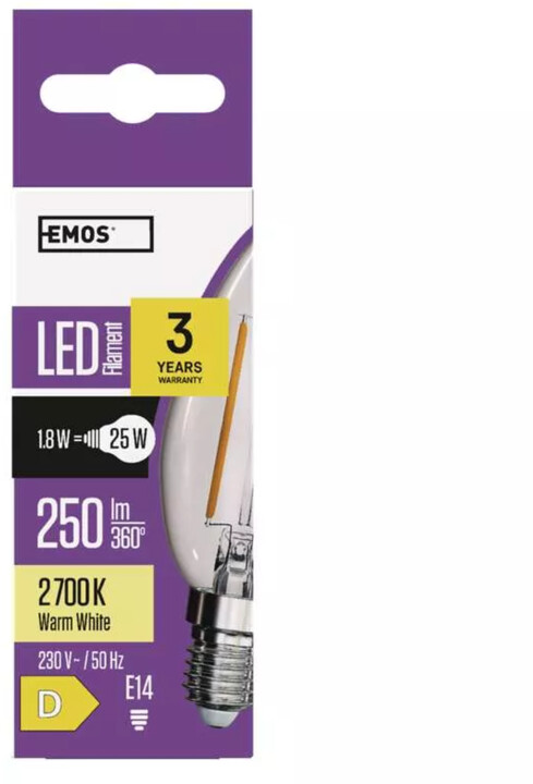 Foto e Poç Emos LED Filament Candle 1.8W (25W), 250lm, E14, i bardhë i ngrohtë