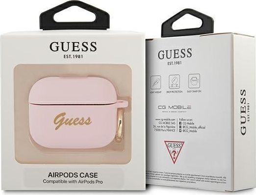 Mbulesë silikoni Guess GUAPSSSI Vintage Script për AirPods Pro, me unazë metalike, rozë