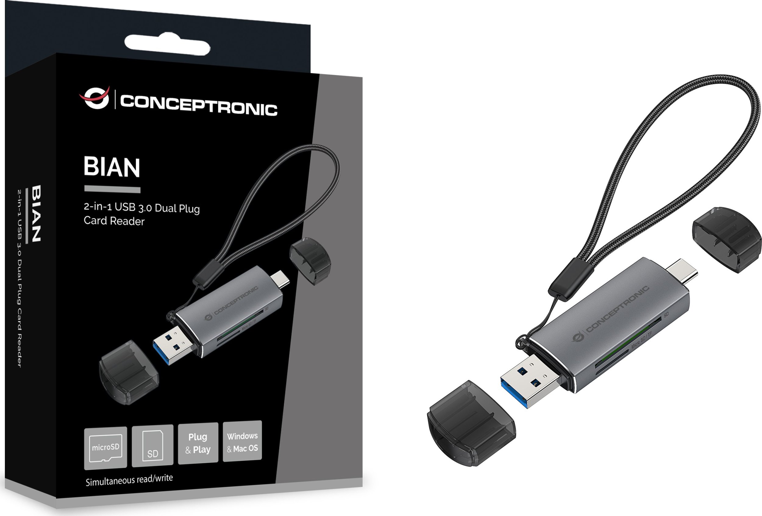 Lexues kartelash Conceptronic Card Reader, USB 3.0, USB-C, gri