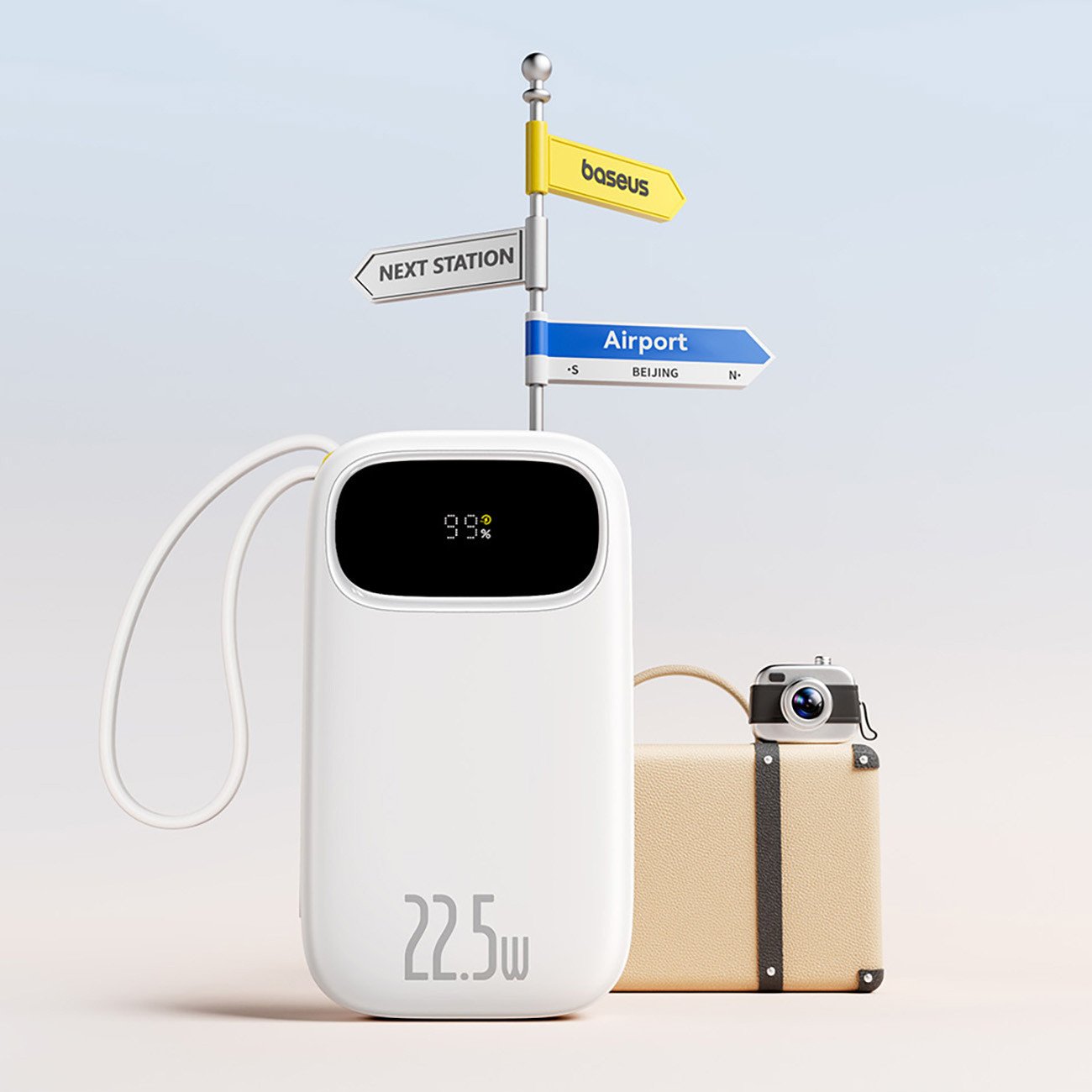 Power bank Baseus, 22.5W, 20000mAh, me kabllo USB C dhe Lightning të integruara, i zi
