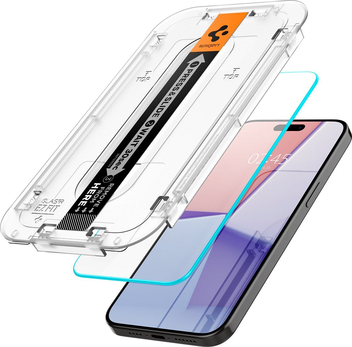 Заштитно стакло Spigen Glas.TR EZ Fit за iPhone 15 Pro, калено стакло, сет 2 парчиња, проѕирно