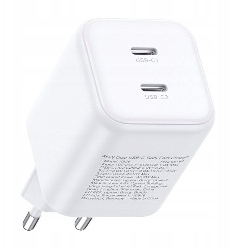 Karikues muror Ugreen X526, 2x USB C, GaN, 45W, i bardhë