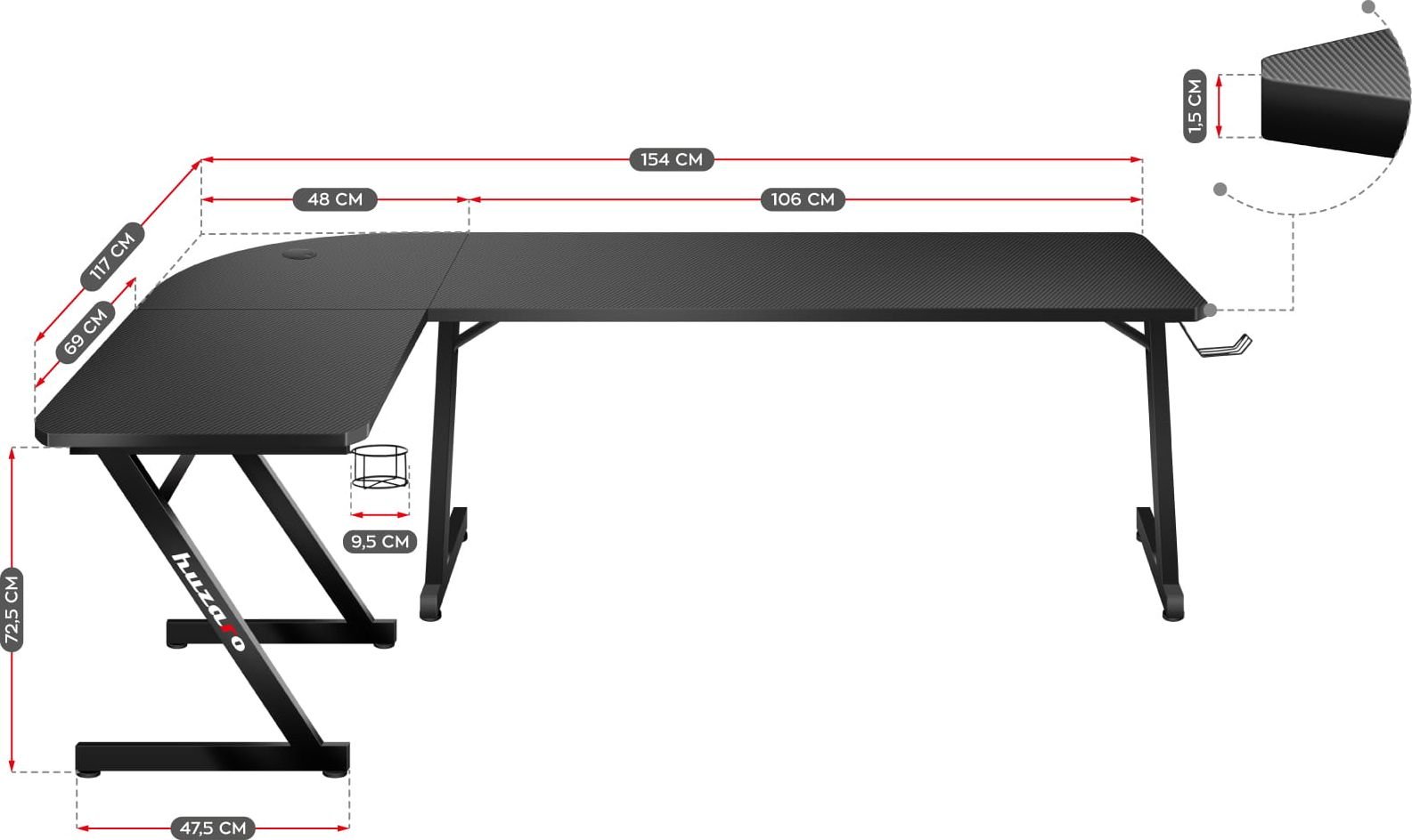 Tavolinë gaming Huzaro Hero 7.0, 154 x 117 cm, e zezë