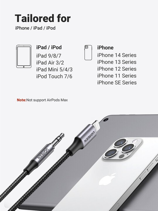 Кабел UGREEN Lightning до 3,5mm Aux, црн