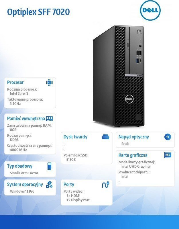 Kompjuter Dell OptiPlex 7020 SFF, Intel Core i3-14100, 8GB RAM, 512GB SSD, Windows 11, i zi