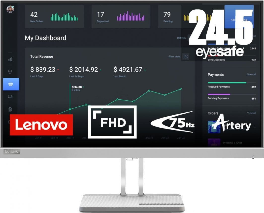 Monitor Lenovo L25e-40, 24.5", 1920 x 1080 (FullHD), i argjendtë