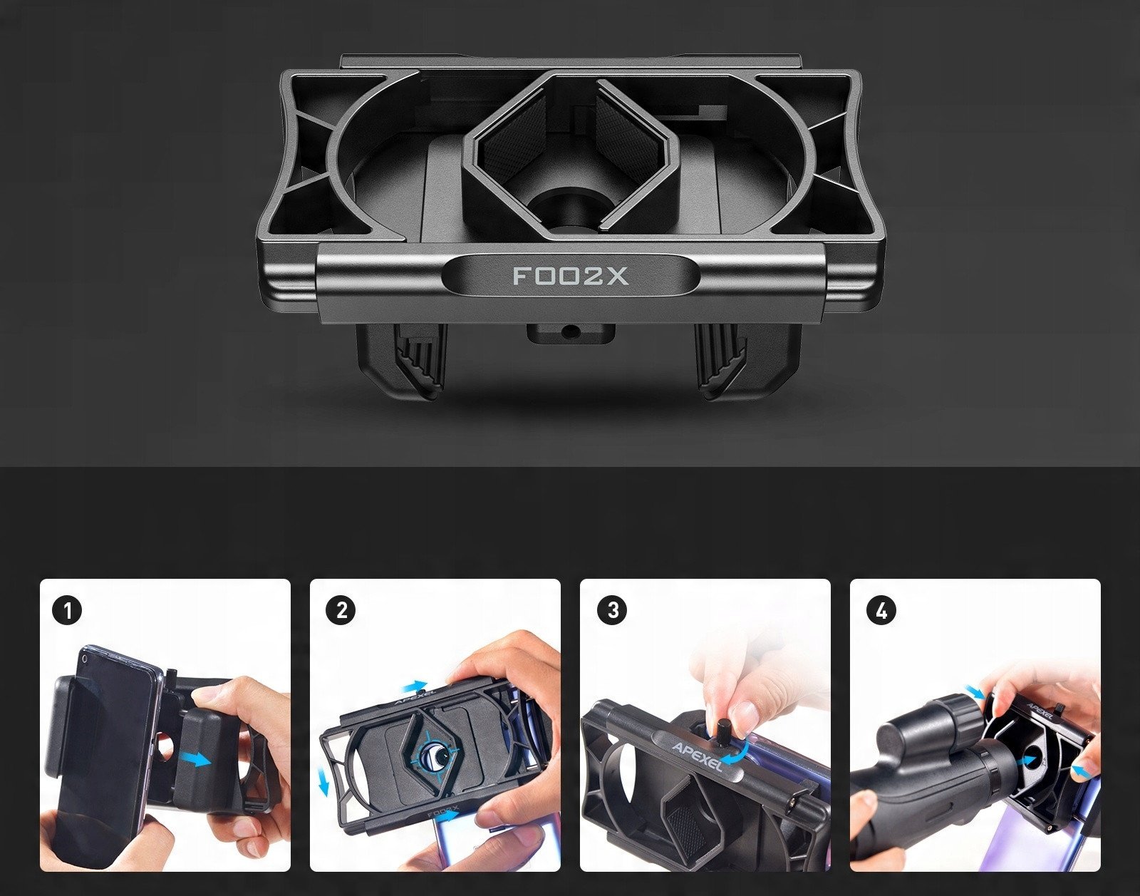 Адаптер за телефони Апексел, за двоглед и телескоп, ротирање 360°, црн