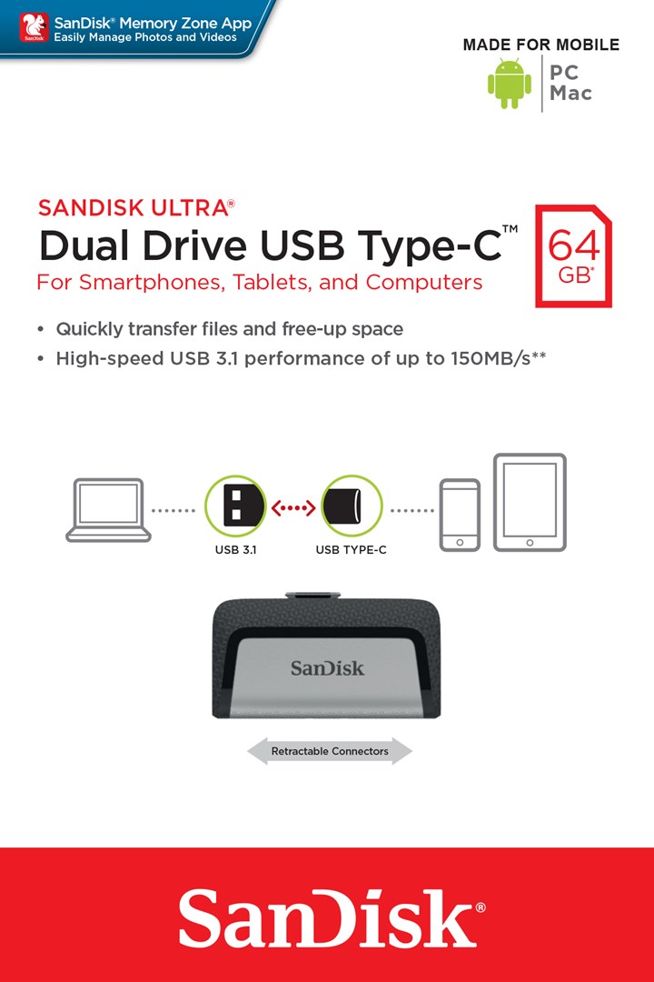 USB Sandisk Ultra Dual Drive, 64 GB, USB Type-A / USB Type-C