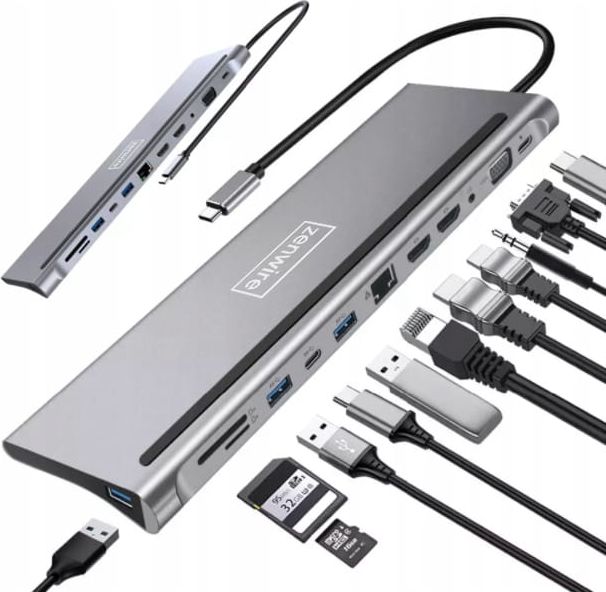 USB C док 12in1, 2x HDMI 4K, Ethernet RJ45, сива