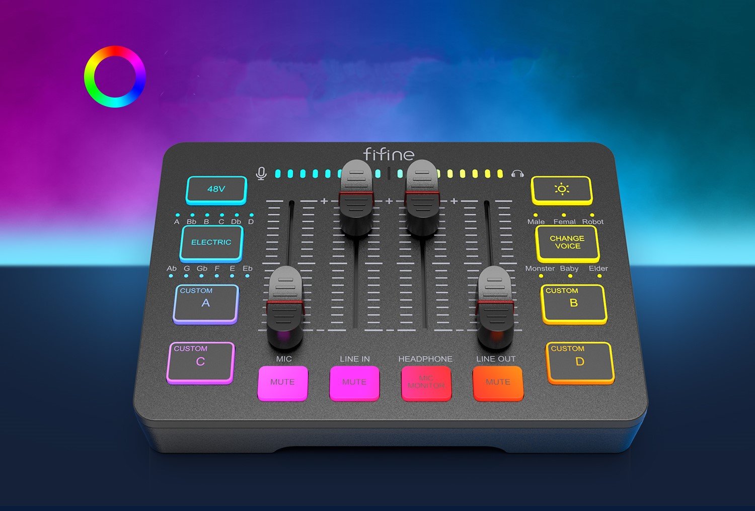 Аудио миксер Fifine SC3, 2 канали XLR, USB, RGB, црн
