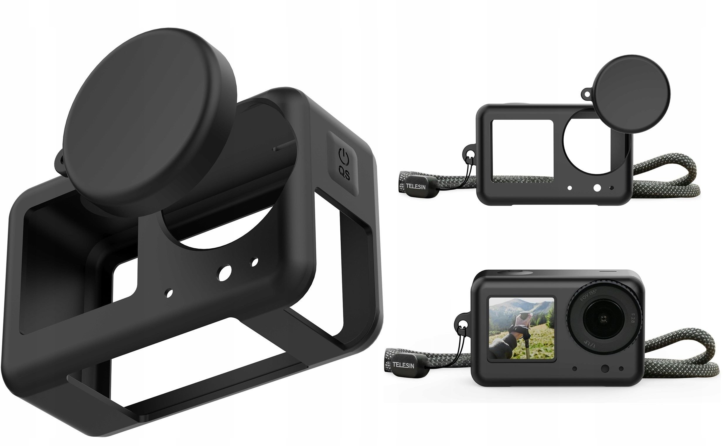 Сет аксесоари Telesin 2.0 за DJI Osmo Action 3, кутија од силикон, капак за леќа од силикон, со носечки ремен, сива