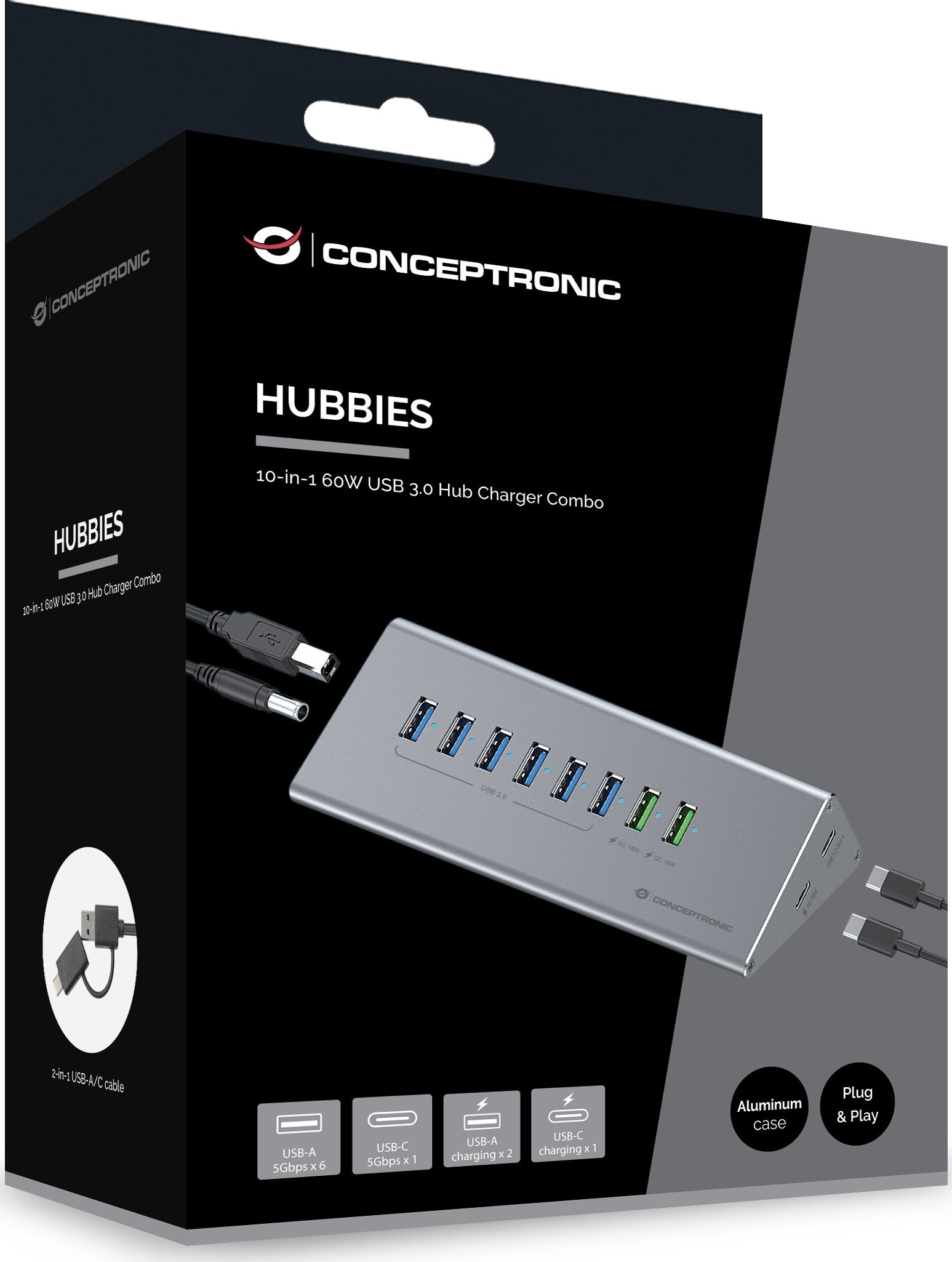 Hub USB Conceptronic HUBBIES18G, 10 në 1, 60W, USB 3.0, gri