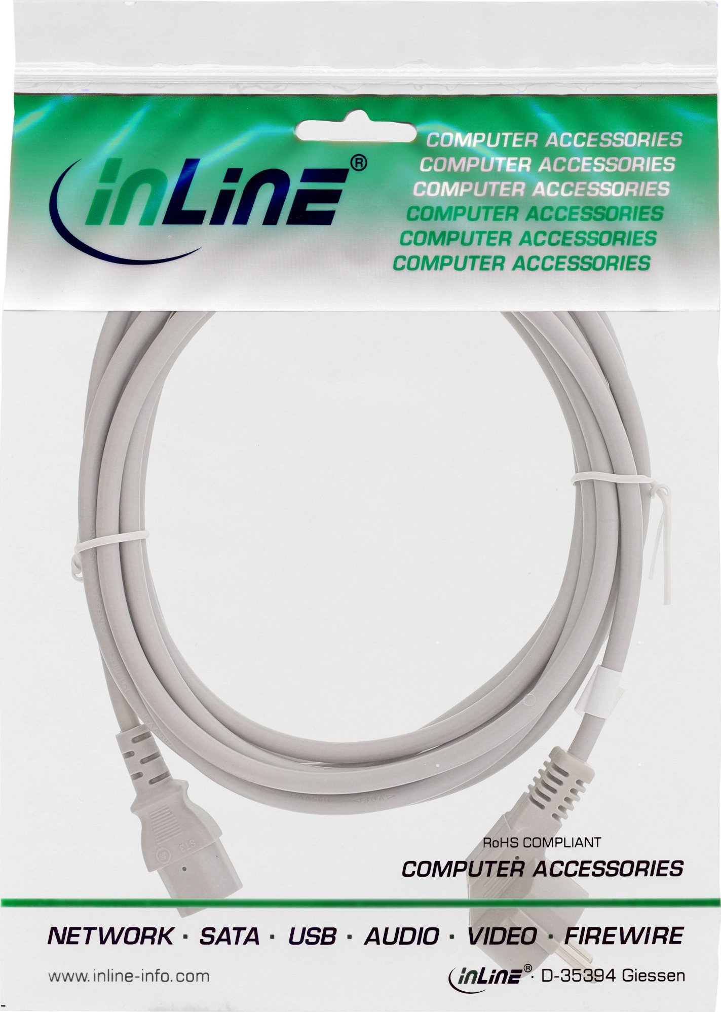 Кабел за струја InLine CEE 7/7 под агол C13 3pin, 5m, сив