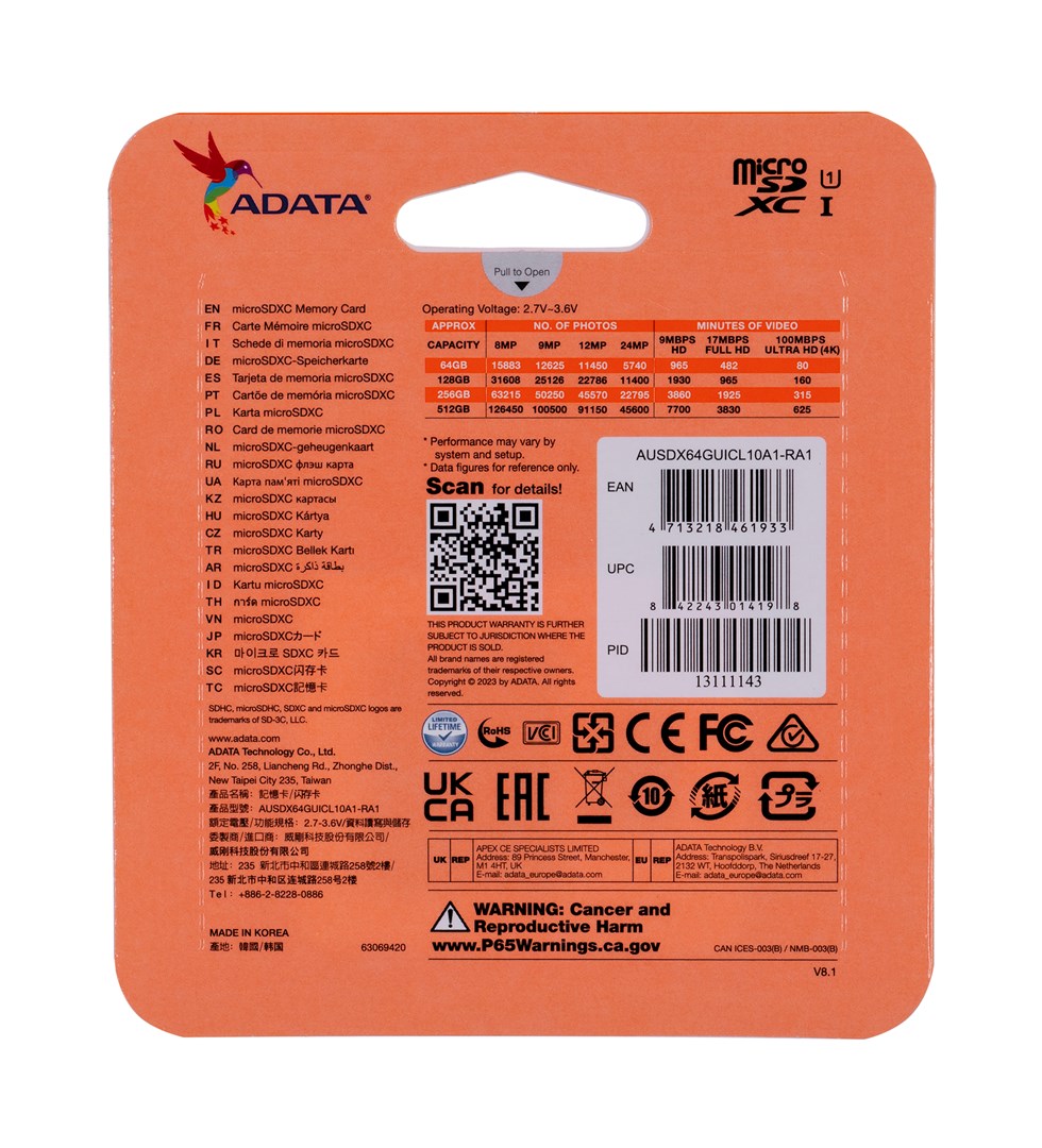 Мемориска картичка ADATA, MicroSDHC, 64 GB, Class 10 + SD адаптер