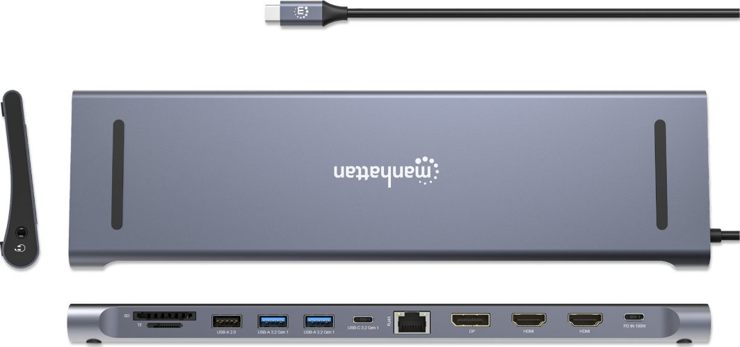 Dock USB C Manhattan 12 në 1, 3x 4K, Power Delivery 100W, gri
