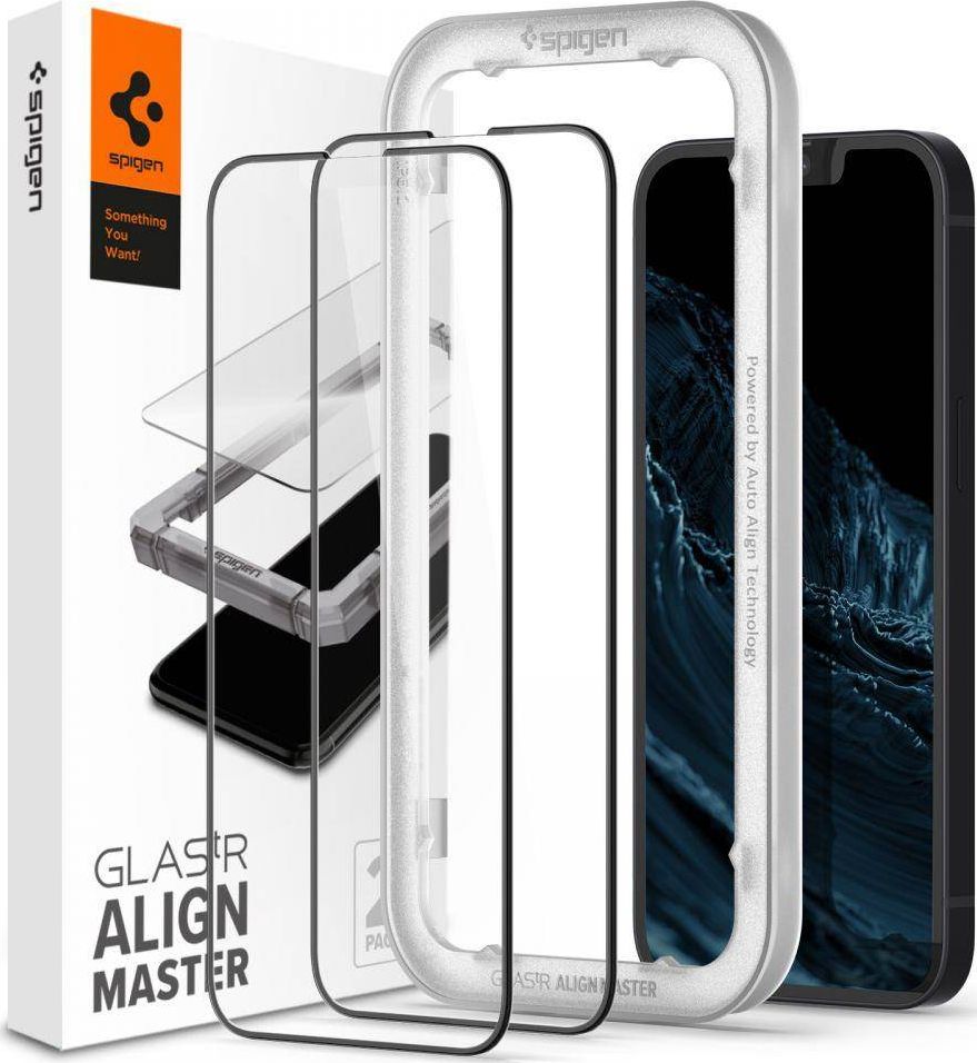 Xham mbrojtës Spigen AlignMaster për iPhone 13 13 Pro, 9H, 2 copë, i zi