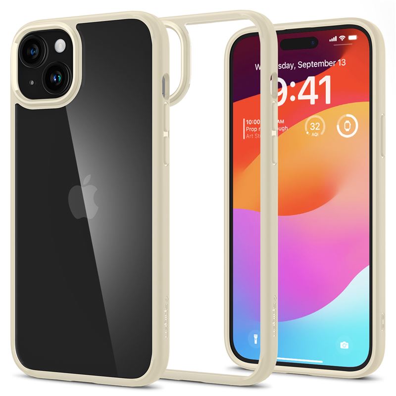 Заштитна маска за мобилен телефон iPhone 15 Plus Spigen Ultra Hybrid, беж