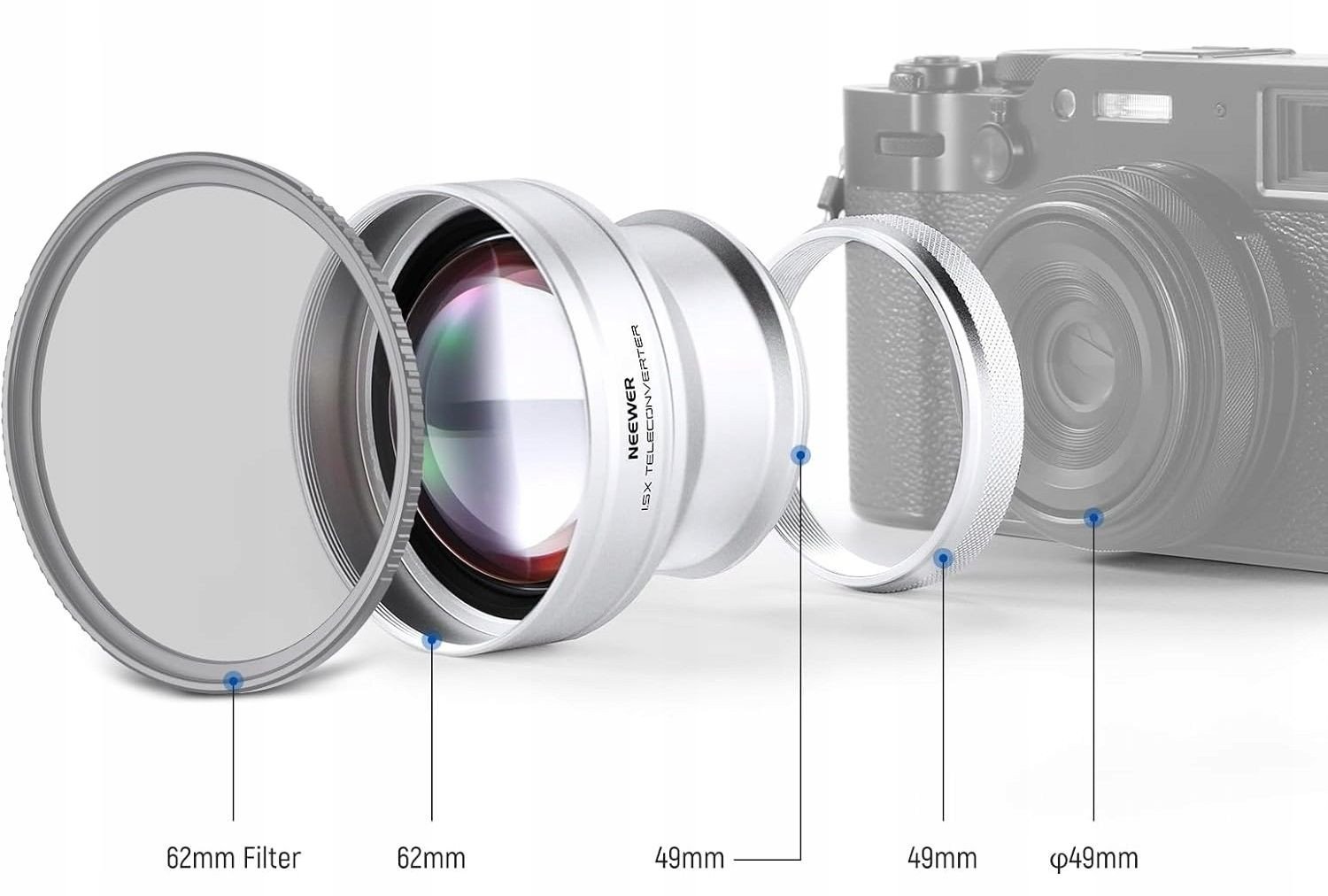 Telekonvertor Neewer LS 61, 1.5x, 49mm, për Fujifilm X100 X100V X100VI