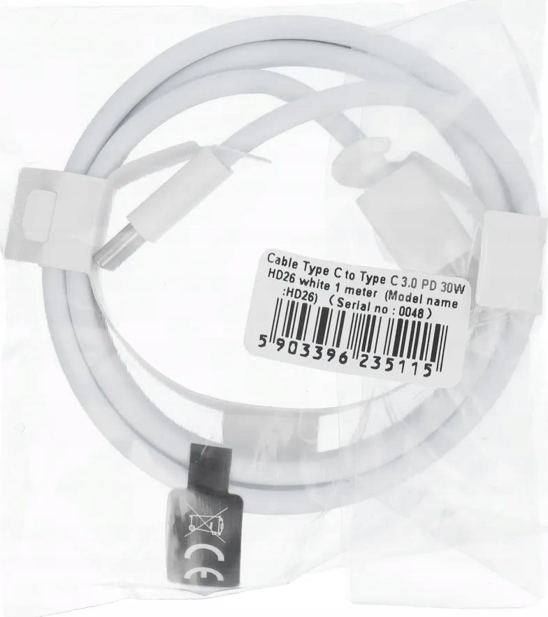 Kabull USB C në USB C HD26, PD 30W, 1m, i bardhë