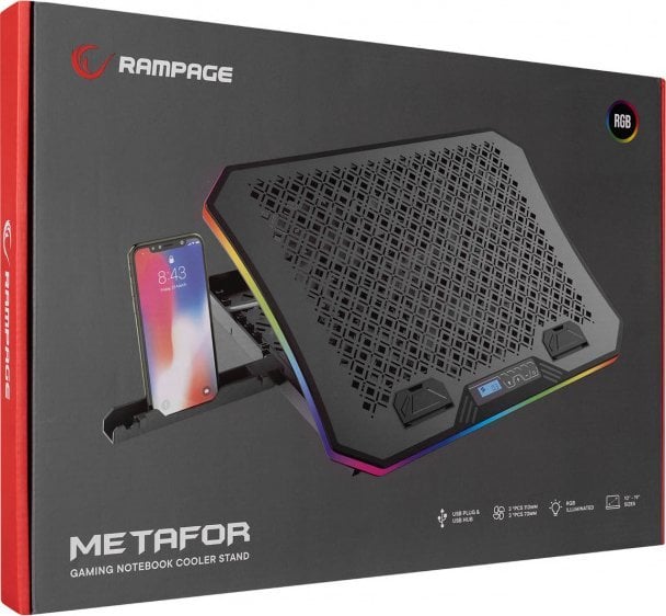 Mbajtëse ftohëse për laptop Rampage Metafor, 19", 6 ventilatorë, RGB, e zezë