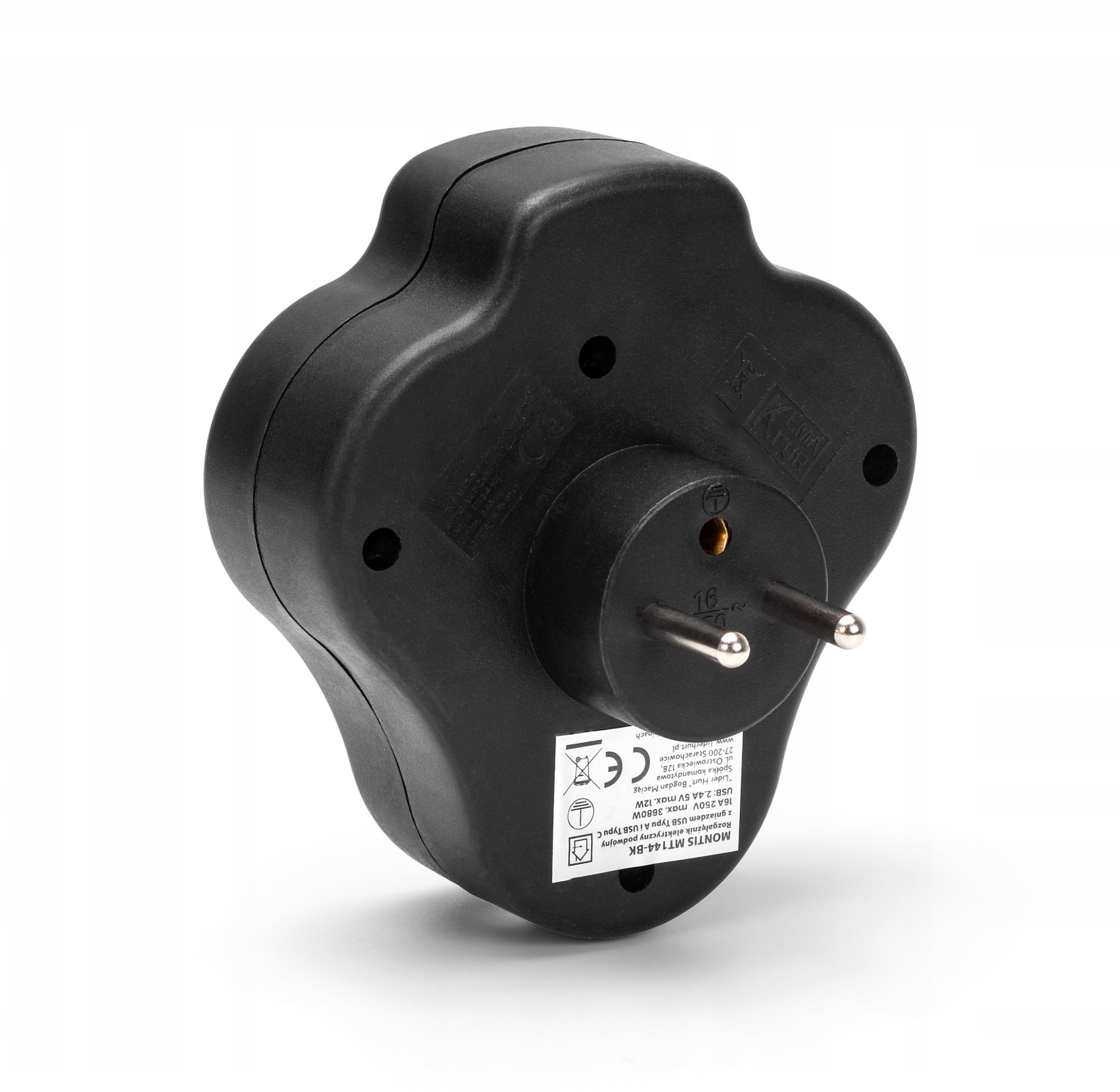 Ndarës elektrik MONTIS MT144 BK, 2x prizë, USB A USB C, i zi