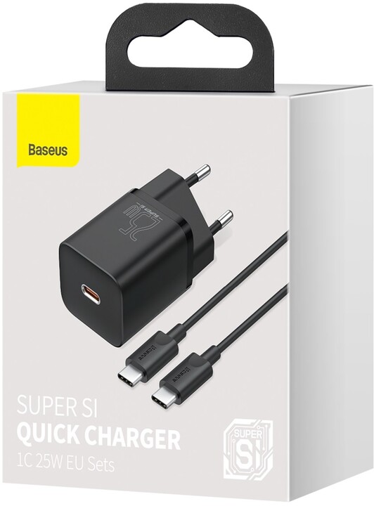 Karikues Baseus Super Si Quick 1C, USB-C, 25W, i zi + kabllo USB-C - USB-C, 3A, 1M, e zezë