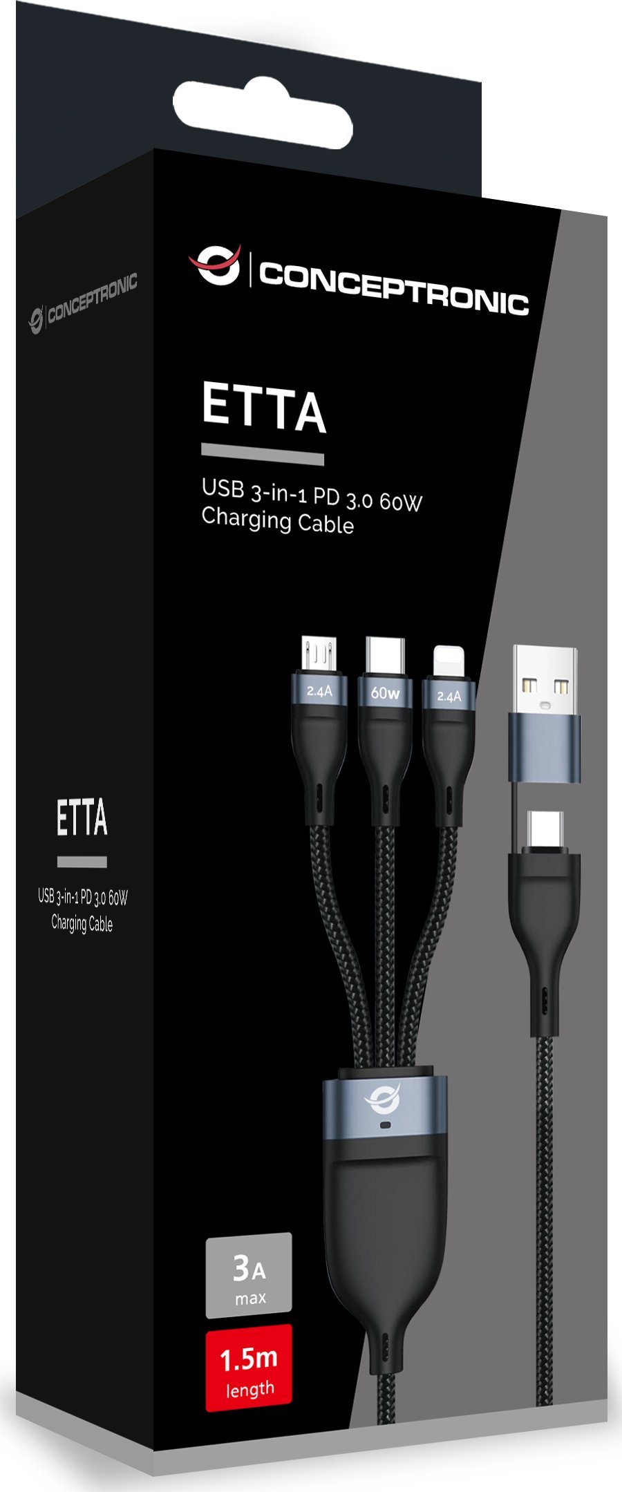 Kабел Conceptronic USB-C USB-A 3.0 3 во 1, 60W, 1.5m, црн