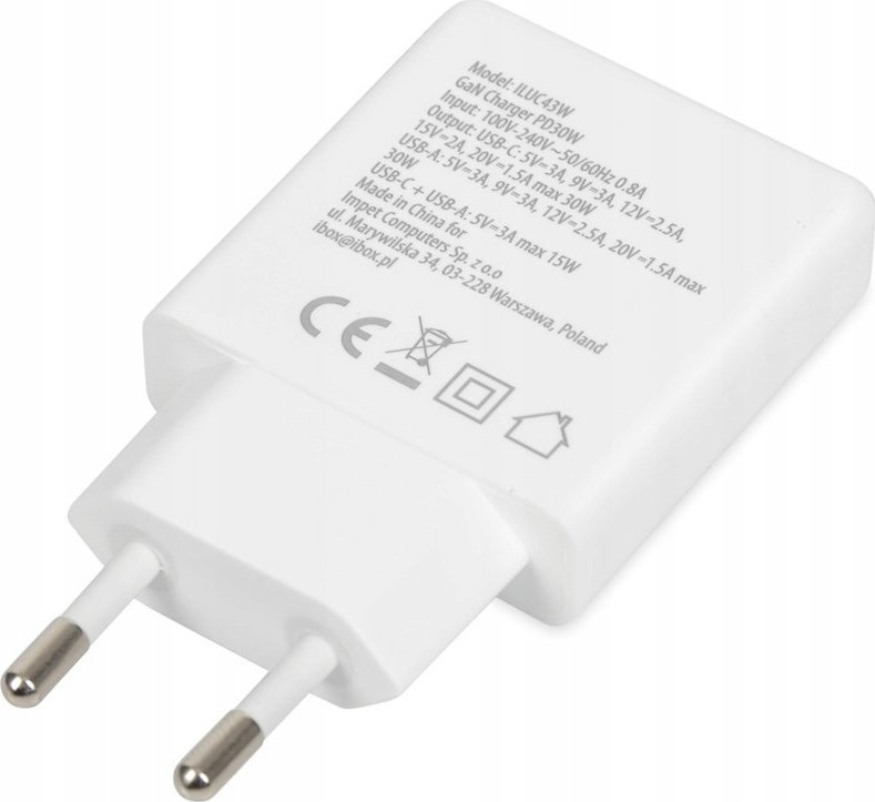 Ѕиден полнач IBOX C-43 Slim GaN PD, 30W, USB-C, бел